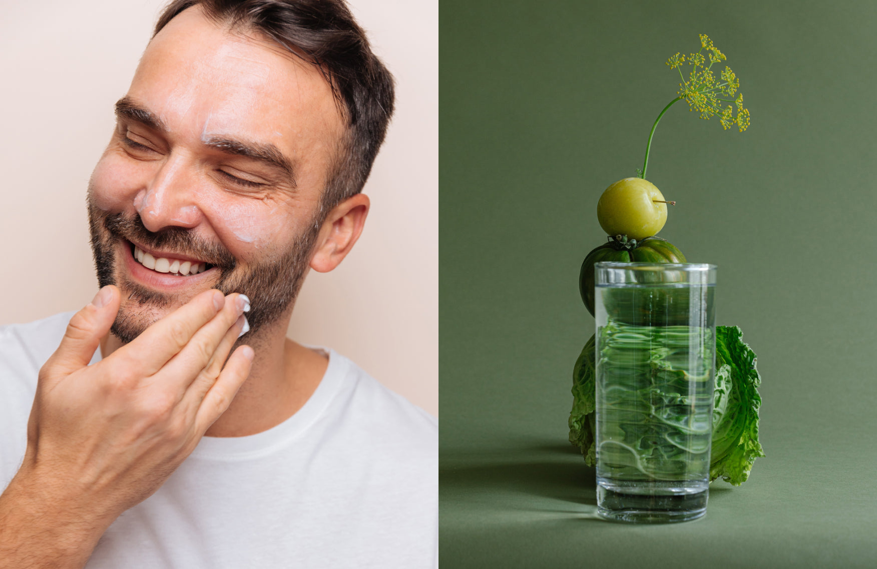 Smiling man applying product to face, next to an image of vegetables and a glass of water