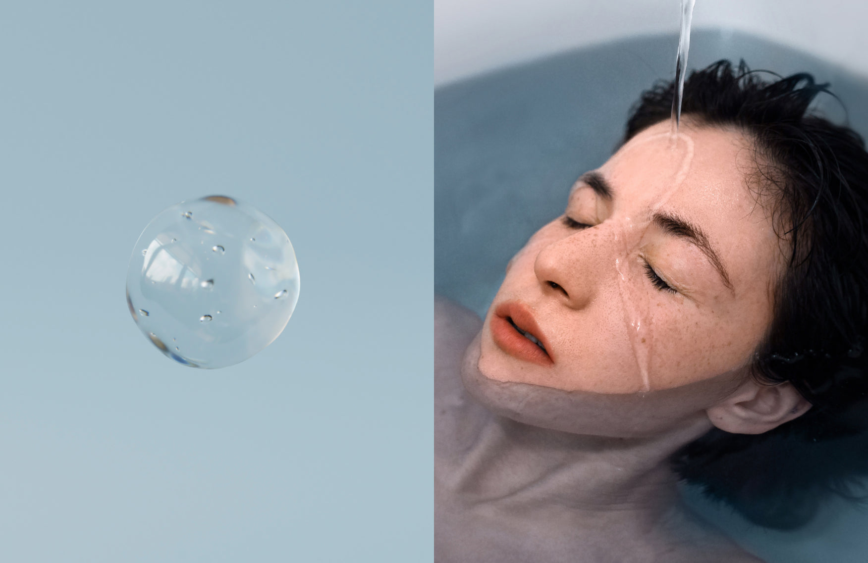 Water ball next to a woman with her face half submerged in water