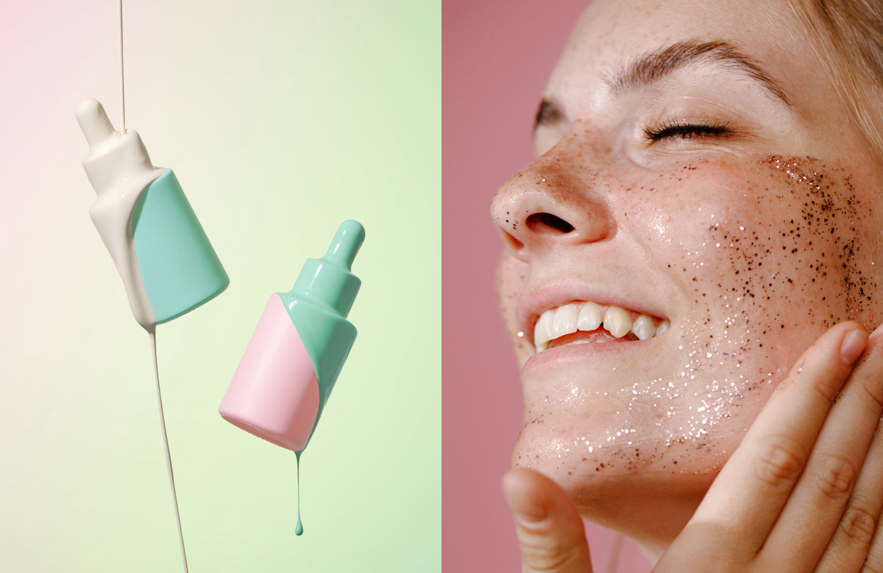 Two dropper bottles covered in paint next to a smiling girl touching her glittery face