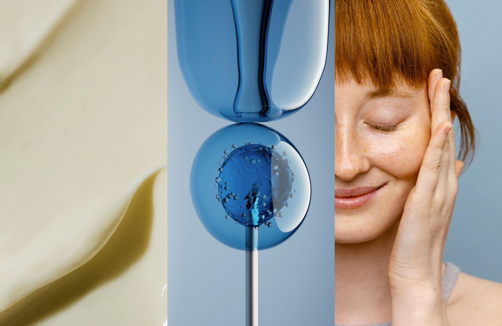 Cream, needle poking into a cell, girl with red hair touching face