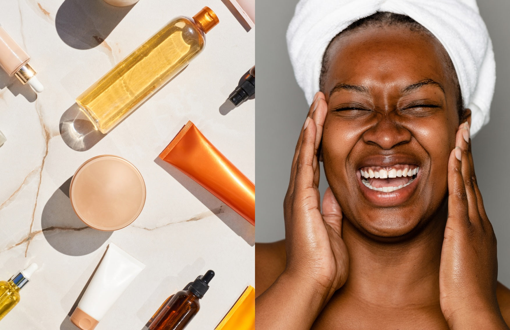 Skincare bottles next to a woman of color touching her face and smiling
