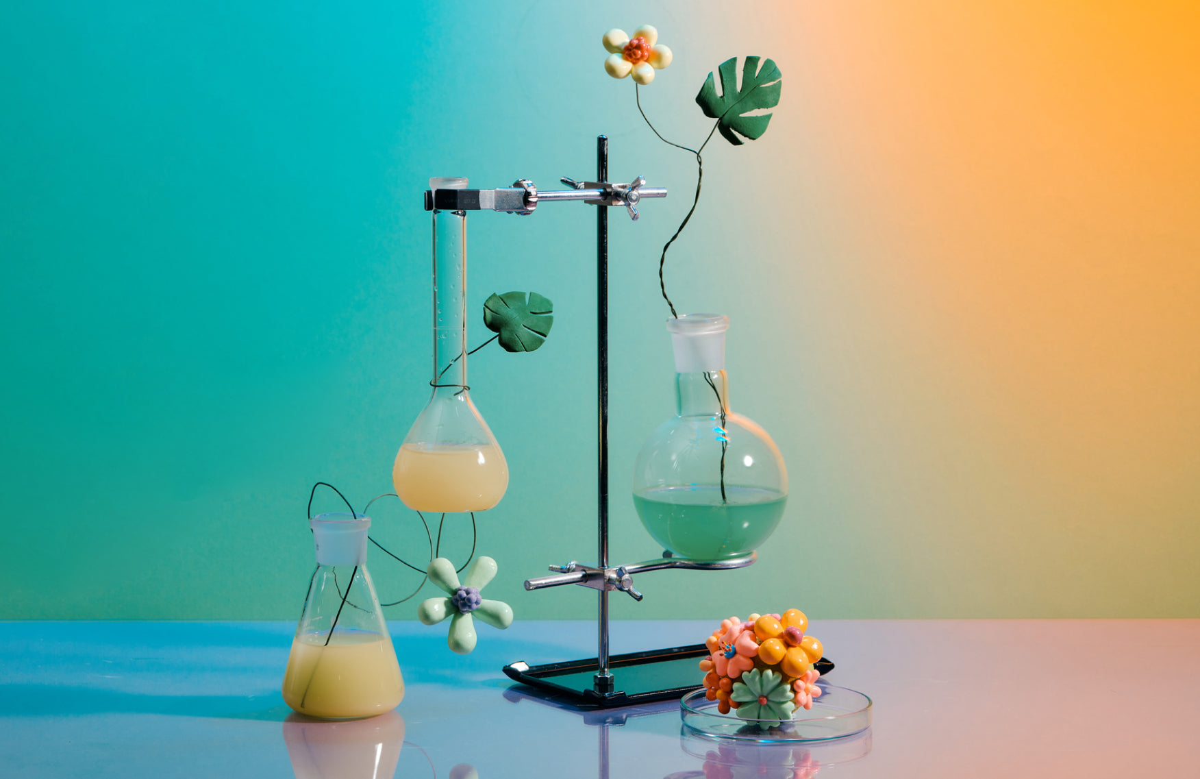 Laboratory set-up with test tubes and flowers