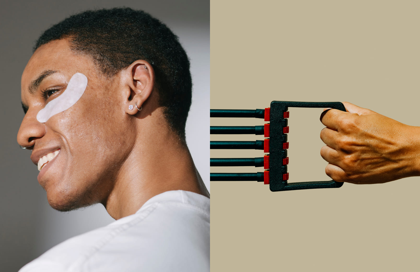 Hand pulling an exercise band next to a man weaaring under-eye masks