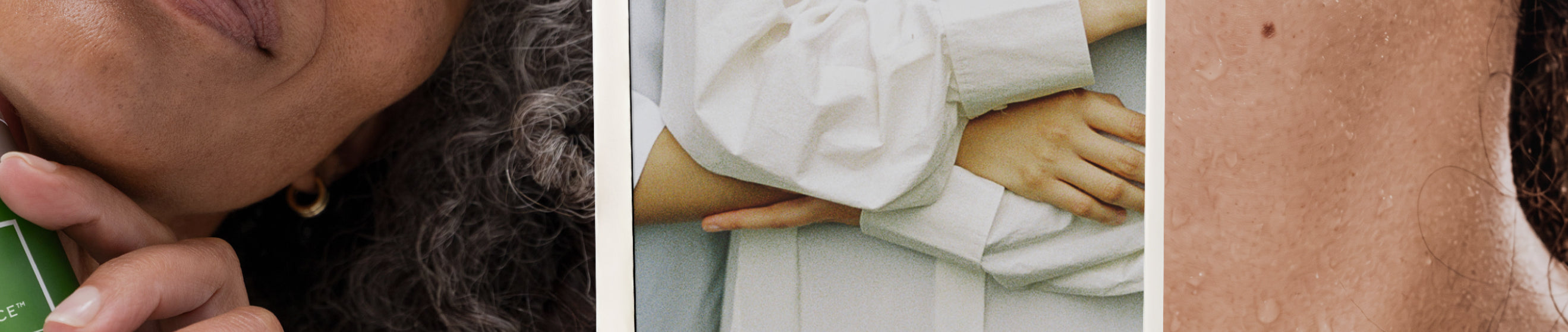 A close-up collage of three panels showing part of a woman's face, a hand applying cream or lotion to another person's back, and a close-up of skin with small dots or spots.