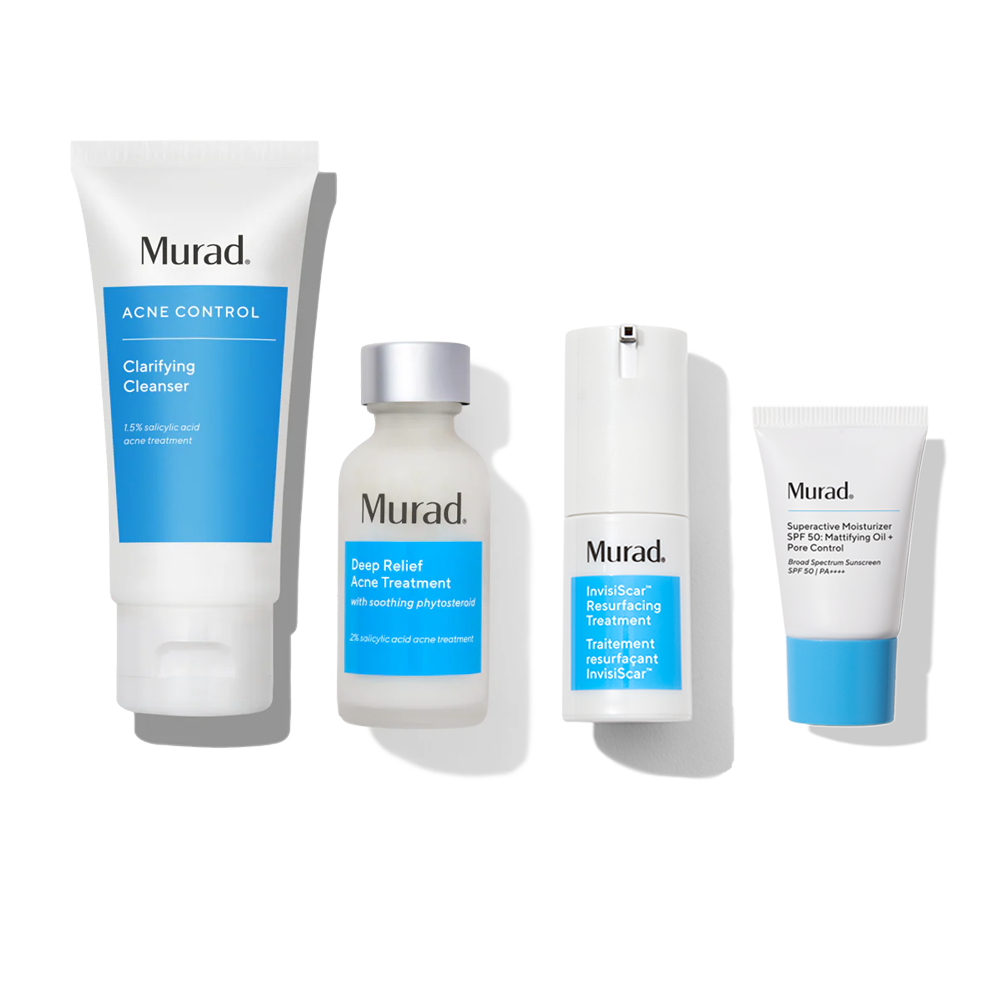 Four Murad skincare products arranged in a row on a white background: Clarifying Cleanser, Deep Relief Acne Treatment, Invisiscar Resurfacing Treatment, and Supramolecular Moisturizer. The products feature white packaging with bright blue labels and silver or white caps.