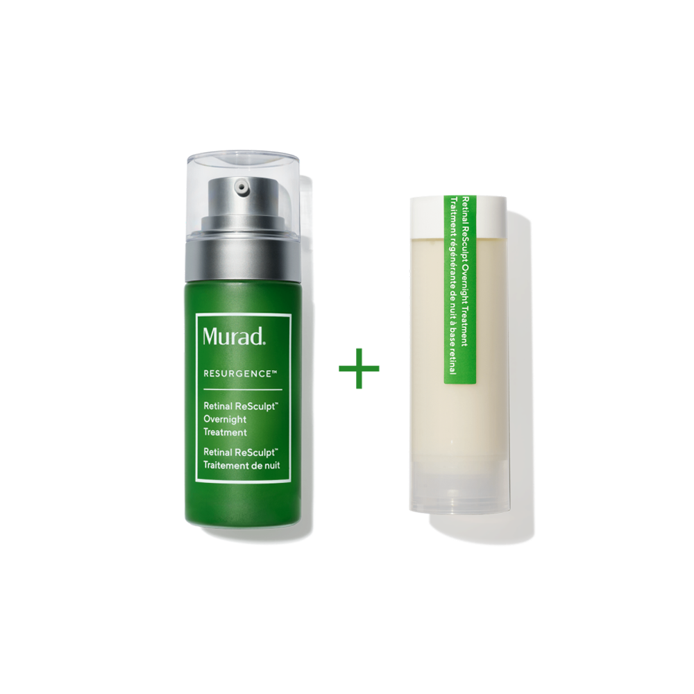 Murad Resurgence Retinol ReSculp Overnight Treatment in a green pump bottle shown next to a lip balm tube with a green and white label, separated by a green plus sign on a white background.