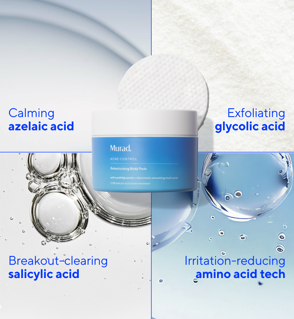 Murad Retinizing Body Pads featuring key ingredients calming azelaic acid, exfoliating glycolic acid, breakout-clearing salicylic acid, irritation-reducing amino acid tech