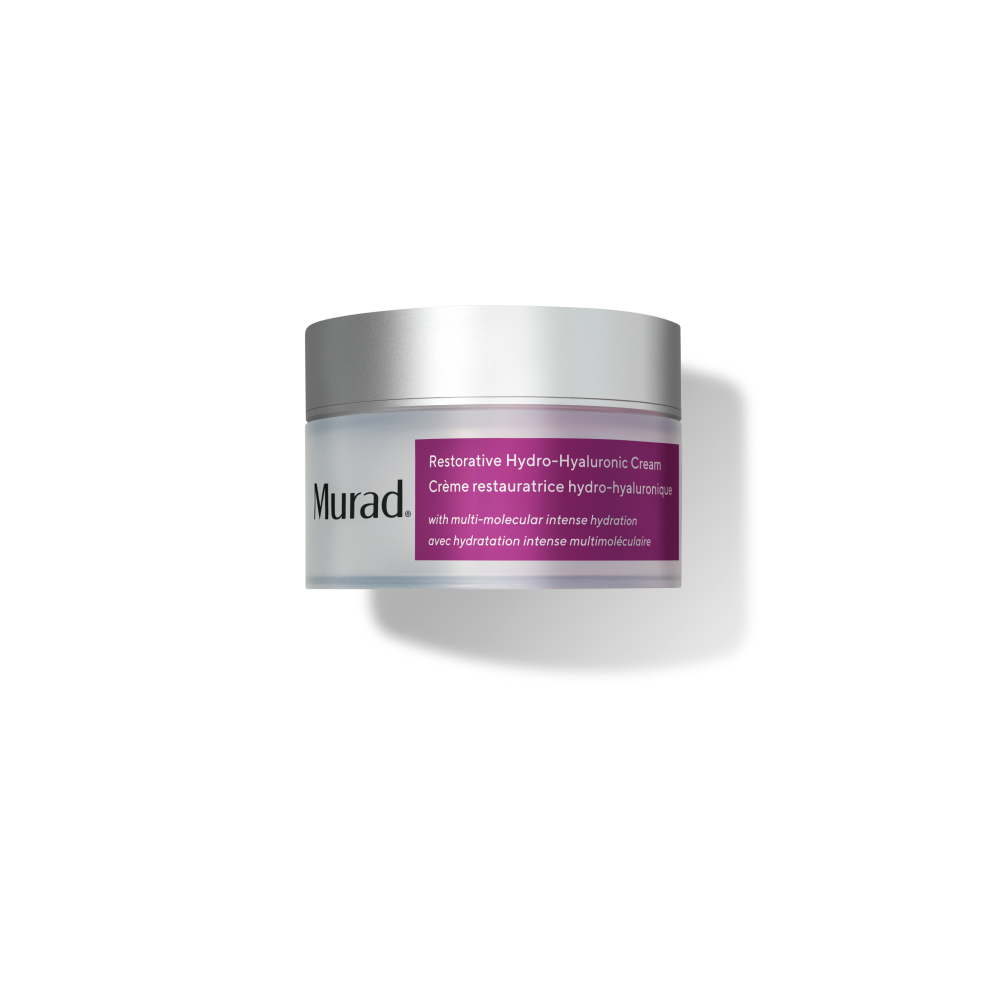 A single jar of Murad Restorative Hydro-Hyaluronic Cream on a clean white background with a soft drop shadow. The jar is white with a metallic silver lid and features a prominent purple label.