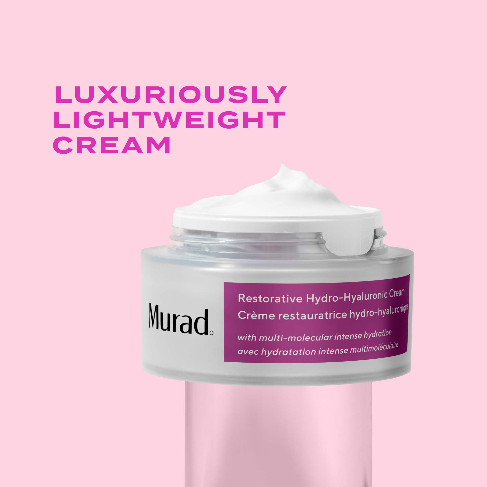 A single jar of Murad Restorative Hydro-Hyaluronic Cream on a pink background. The jar is white with a prominent purple label and uncapped with product overflowing
