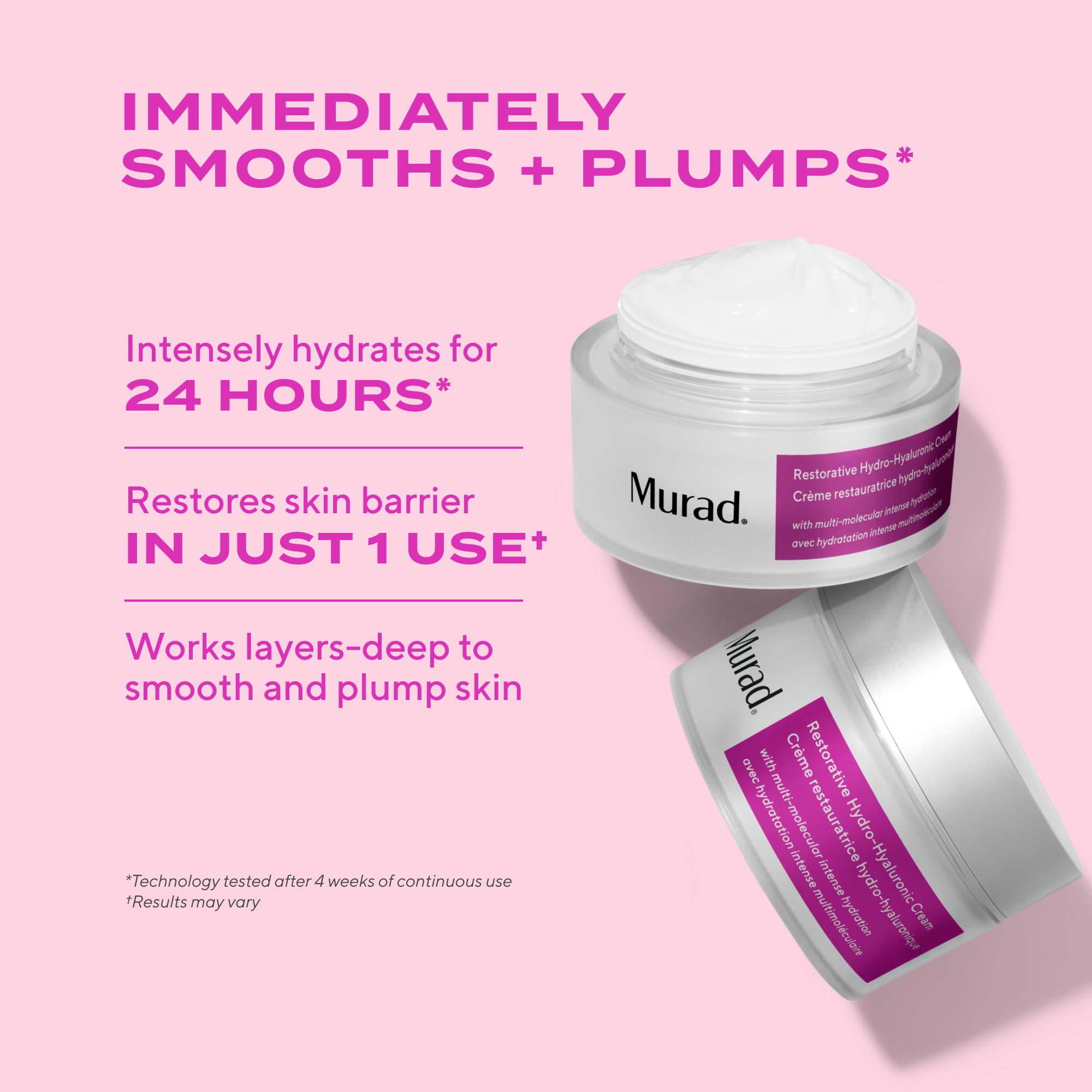 2 jars of Murad Restorative Hydro-Hyaluronic Cream on a pink background. Jars are white with a prominent purple label. Text on image highlights benefits such as immediately smooths + plumps, intensely hydrates for 24 hours, restores skin barrier in just 1 use, works layers-deep to smooth and plump skin
