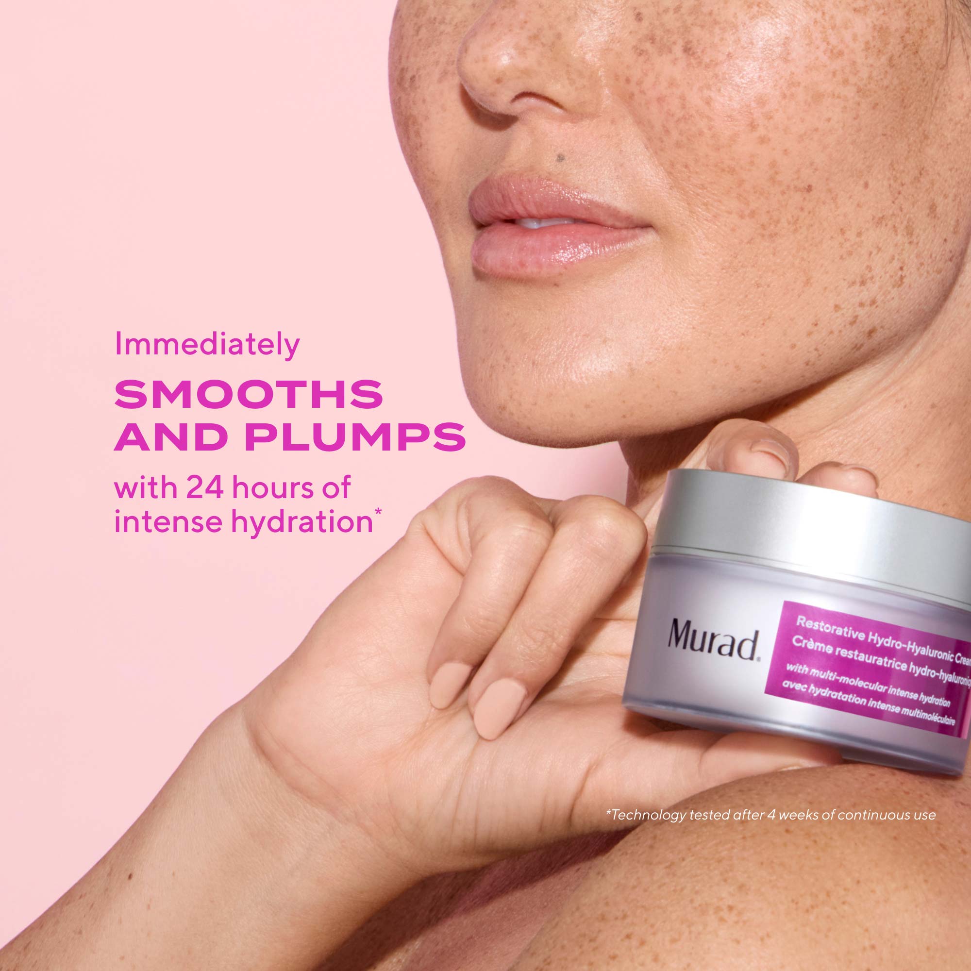 woman holding single jar of Murad Restorative Hydro-Hyaluronic Cream on a pink background. The jar is white with a prominent purple label. Text highlights benefit immediately smooths and plumps with 24 hours of hydration
