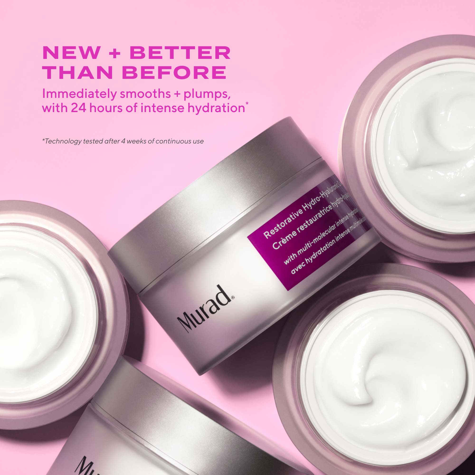 A single jar of Murad Restorative Hydro-Hyaluronic Cream on a pink background. The jar is white with a prominent purple label and silver cap
