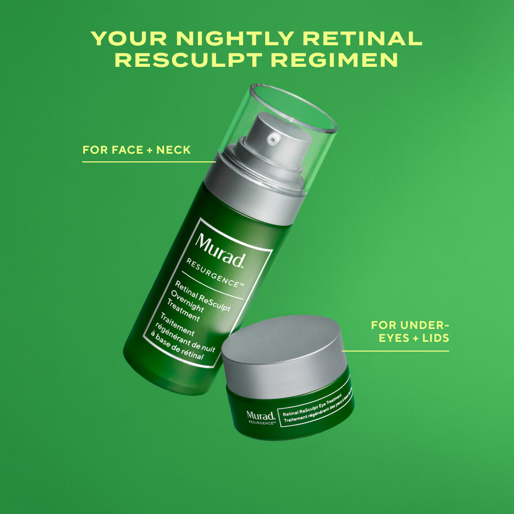 Murad Retinal ReSculpt Overnight Treatment and Retinal ReSculpt Eye Treatment displayed on a green background. Text identifies the Overnight Treatment for face and neck and the Eye Treatment for the under-eye area and eyelids as part of a nightly skincare regimen