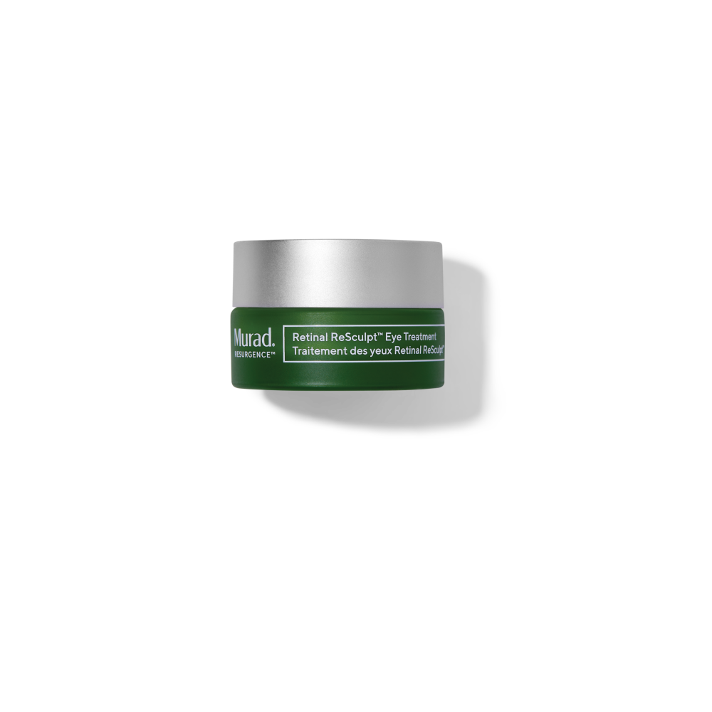 A small cosmetic jar of Murad Retinal ReSculp Eye Treatment with a dark green label and a metallic silver lid, set against a plain white background with a soft drop shadow.