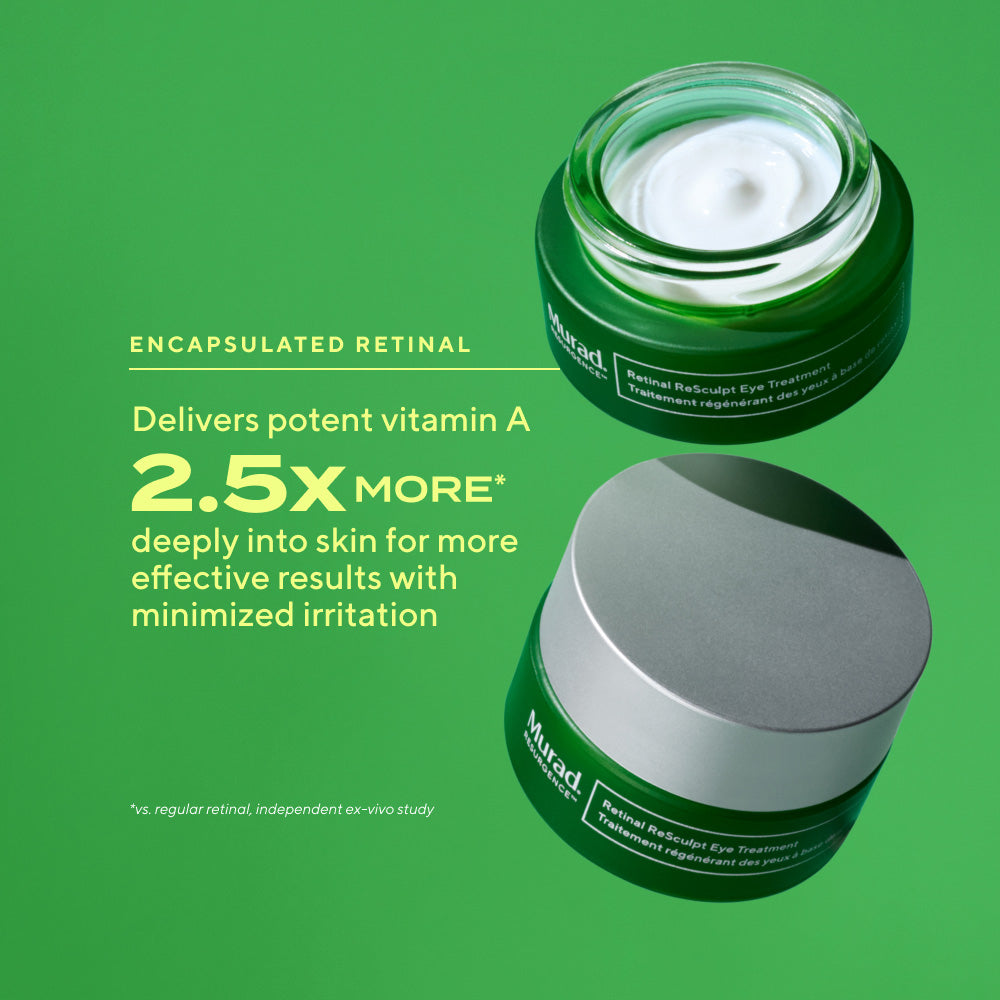 Murad Retinal ReSculpt Eye Treatment jars displayed on a green background with text highlighting encapsulated retinal technology and deeper vitamin A delivery with minimized irritation