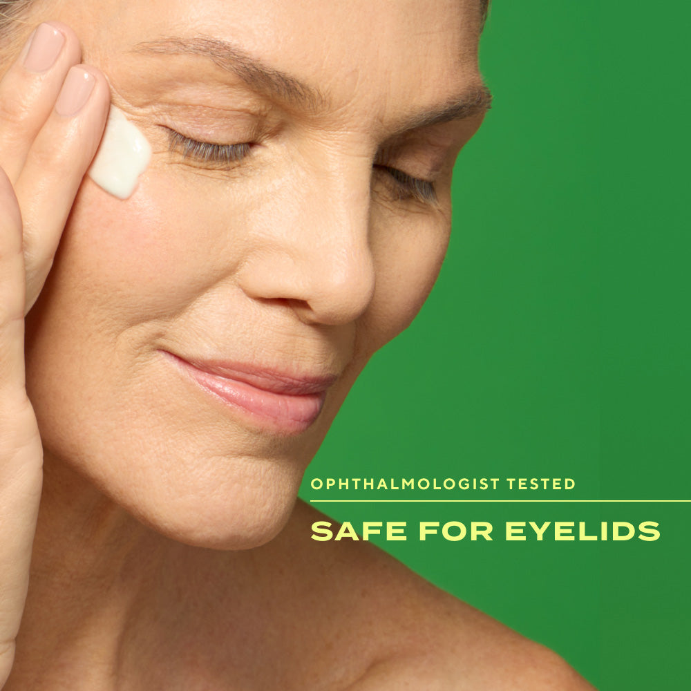 Close-up of a person applying Murad Retinal ReSculpt Eye Treatment to the outer eye area. Text reads: “Ophthalmologist Tested. Safe for Eyelids