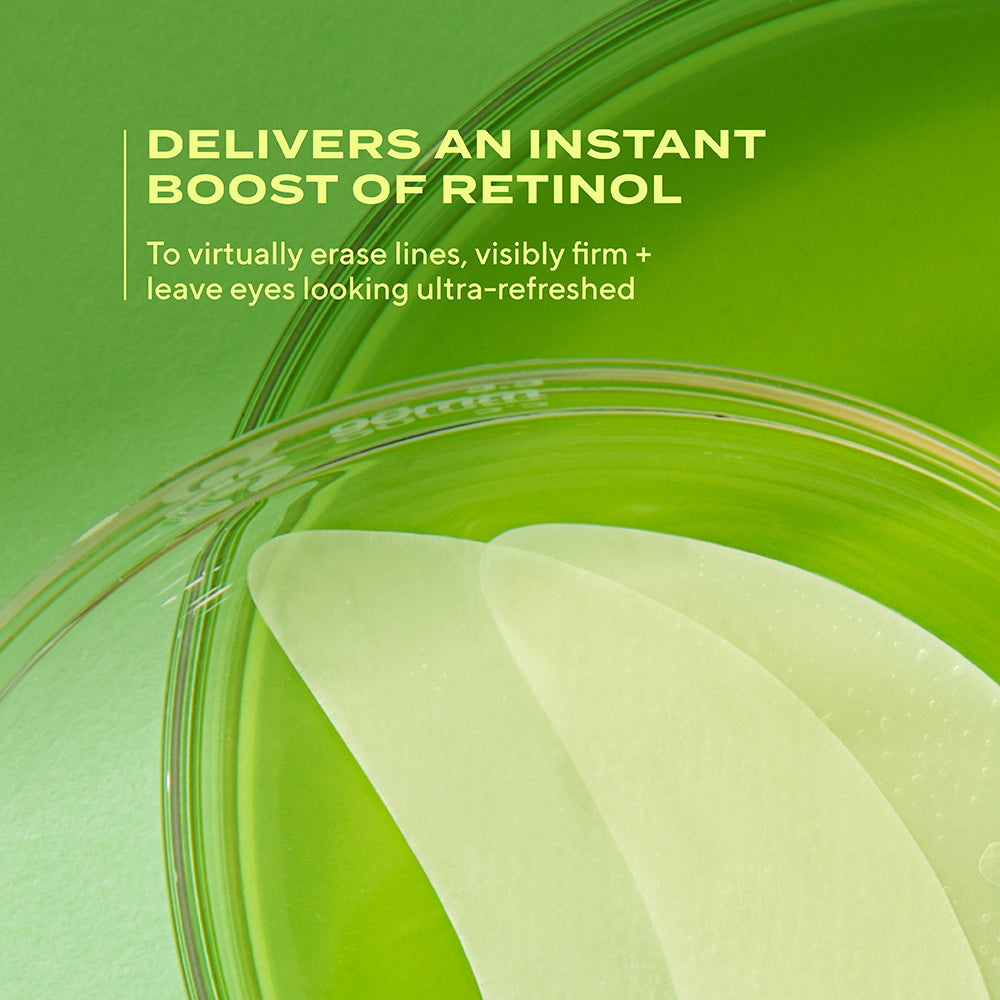 text on green background stating delivers an instant boost of retinol to virtually erase lines, visibly firm + leave eyes looking ultra-refreshed