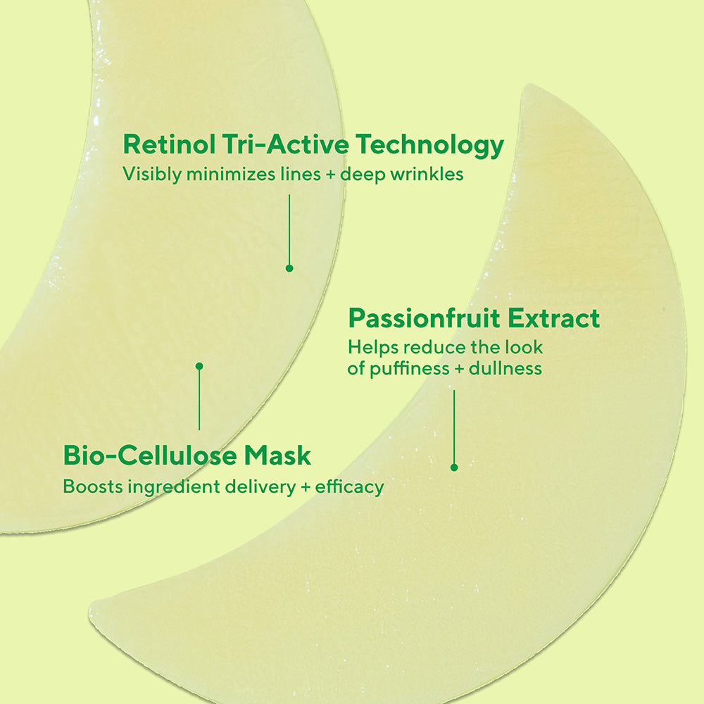 green text highlighting key ingredients retinol tri-active technology, passionfruit extract, bio-cellulose mask