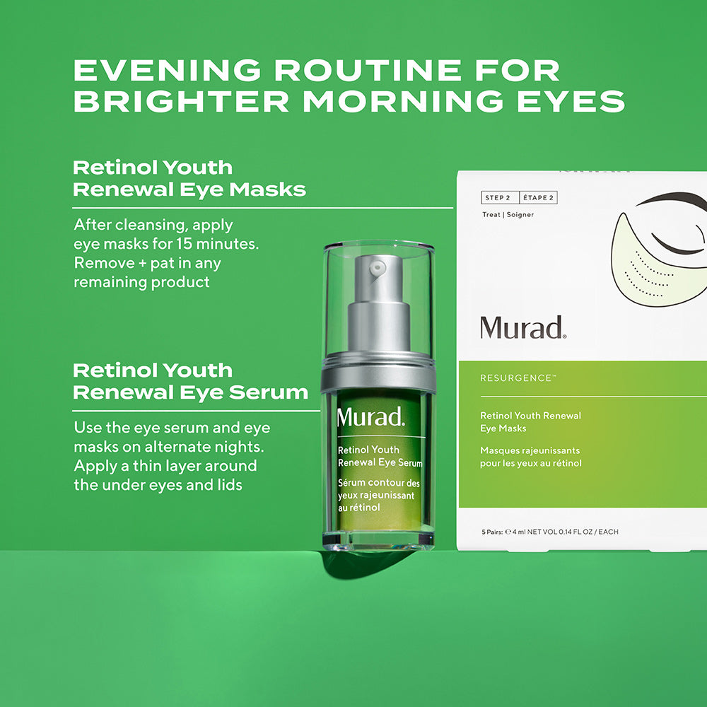 retinol youth renewal eye serum and retinol youth renewal eye masks side by side on green background