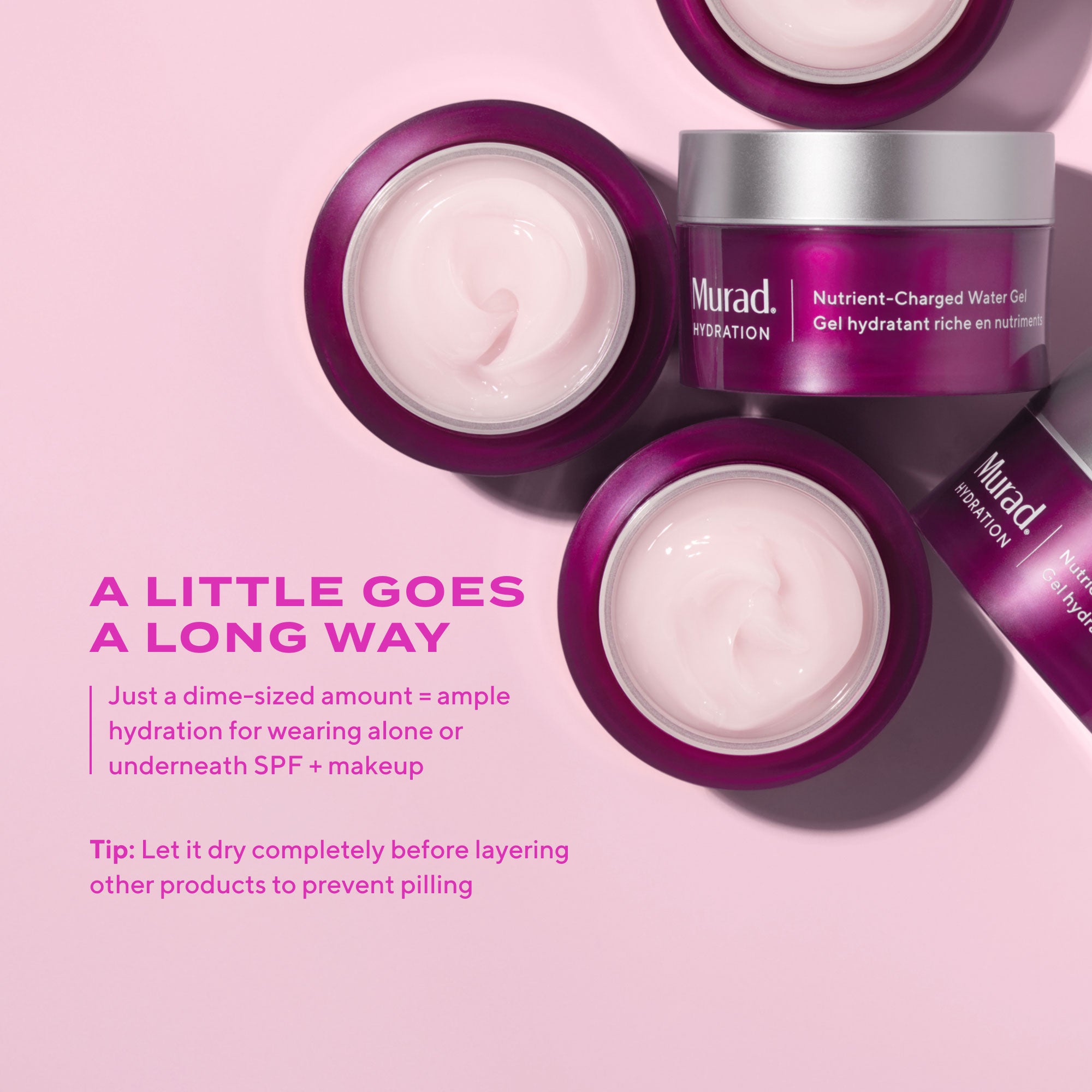 Multiple jars of Murad Hydration Nutrient-Charged Water Gel with magenta-pink body. Some are uncapped to show pink gel product texture