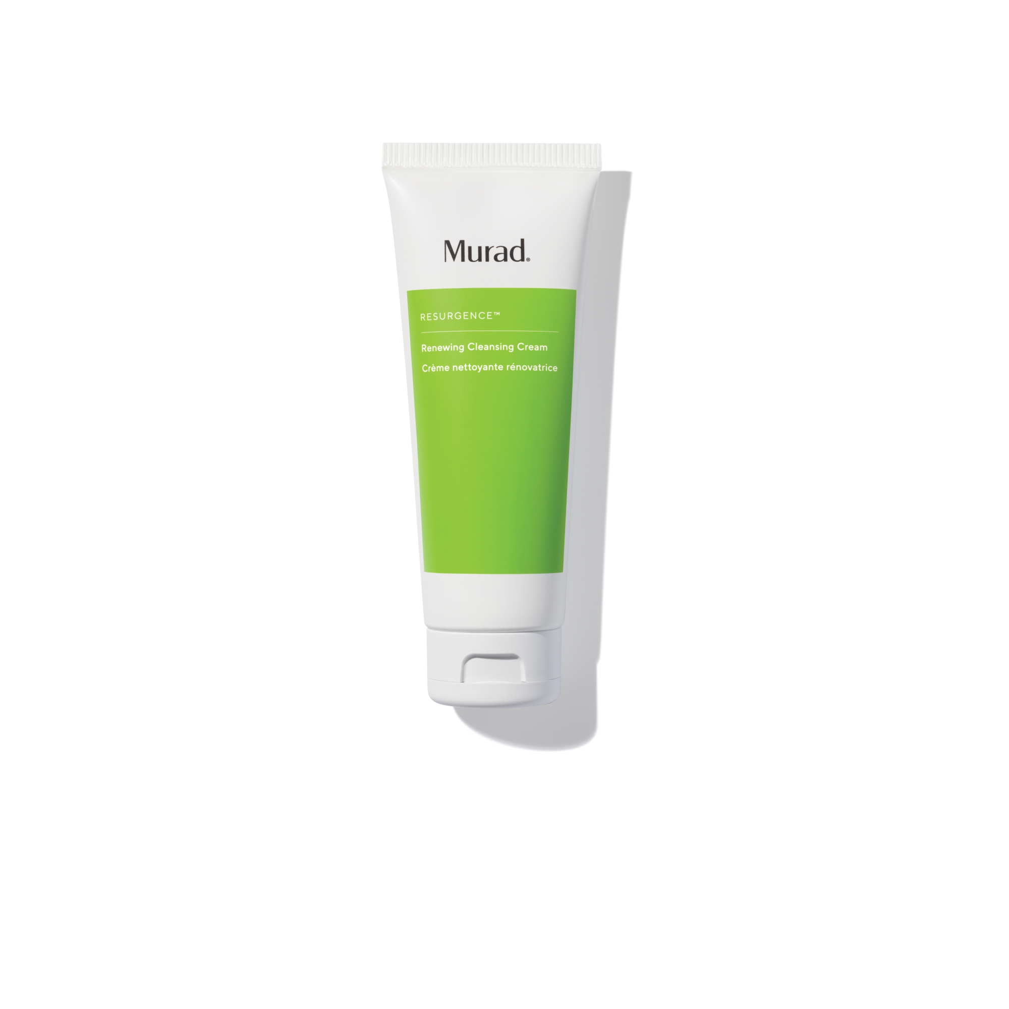 A squeeze tube of Murad Resilience Sunscreen Cleansing Cream, featuring a white tube with a vibrant green label block, shown on a clean white background with a soft shadow.
