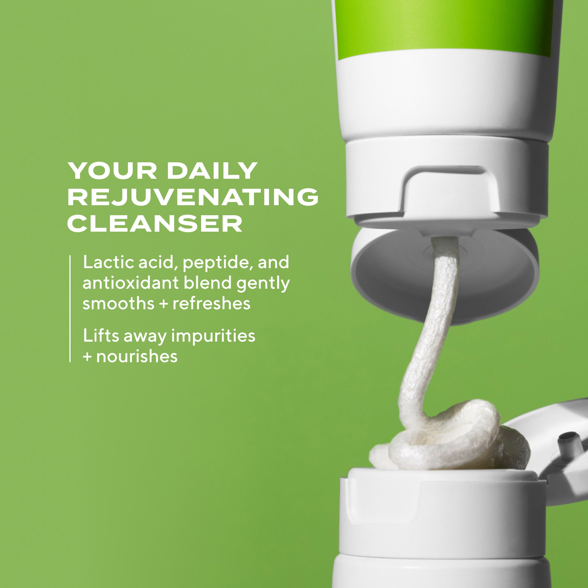 A squeeze tube of Murad Resilience Sunscreen Cleansing Cream squeezing out product with text showing your daily rejuvenating cleanser featuring lactic acid, peptide, and antioxidant blend gently smooths + refreshes and lifts away impurities + nourishes on green background