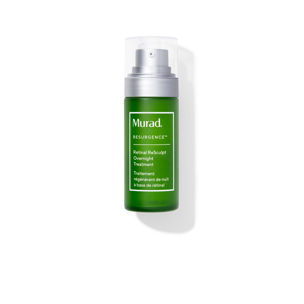 Retinal Resculpt Overnight Treatment green skincare bottle with silver cap on a white background