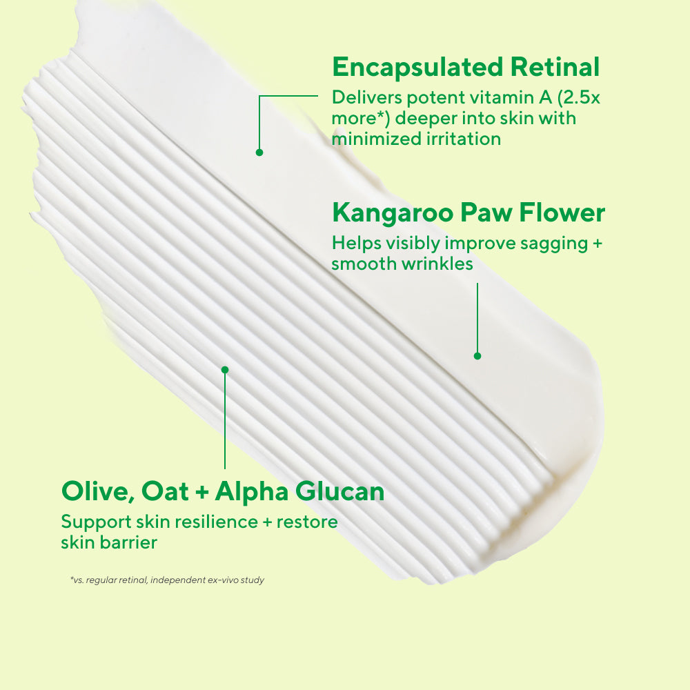 retinal resculpt overnight treatment swatch with ingredients kangaroo paw flower and olive, oat + alpha glucan
