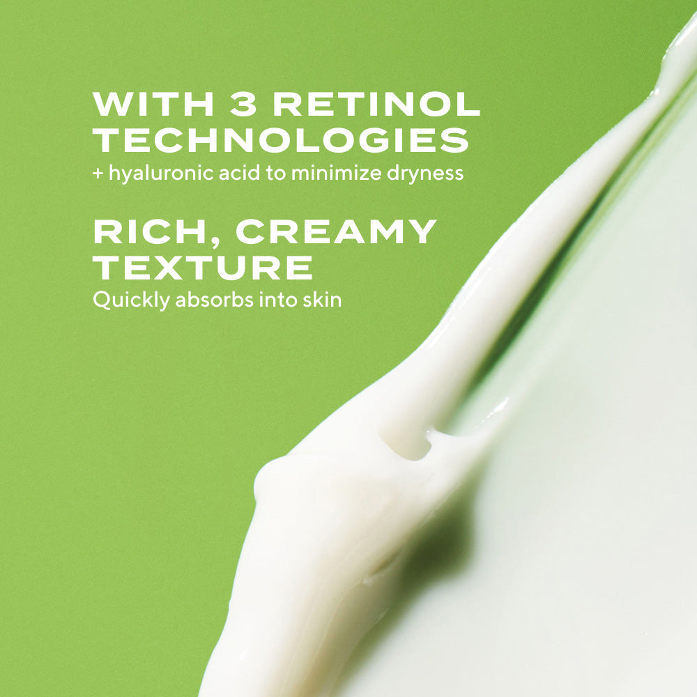 A jar of Retinol Youth Renewal Night Cream with text highlighting the product features such as containing 3 retinol technologies, being rich and creamy, and quickly absorbing into the skin.