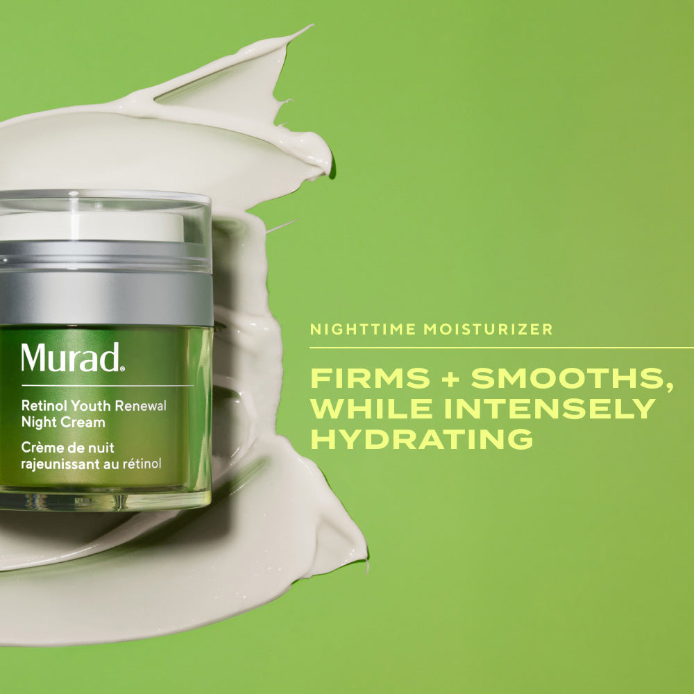 A jar of Retinol Youth Renewal Night Cream with text highlighting the product features such as firms + smooths, while intensely hydrating