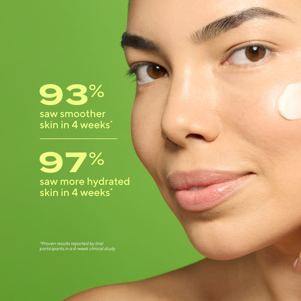 woman with product texture of Retinol Youth Renewal Night Cream on cheek with text highlighting 94% saw smoother skin in 4 weeks and 97% saw more hydrated skin in 4 weeks