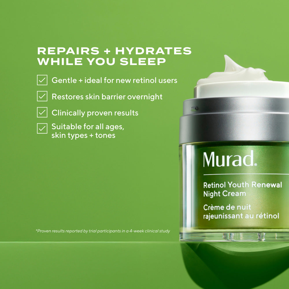 Jar of Retinol Youth Renewal Night Cream uncapped showing white product texture with text highlighting benefits like repairs + hydrates while you sleep, gentle + ideal for new retinol users, restores skin barrier overnight, clinically proven results, suitable for all ages, skin types + tones