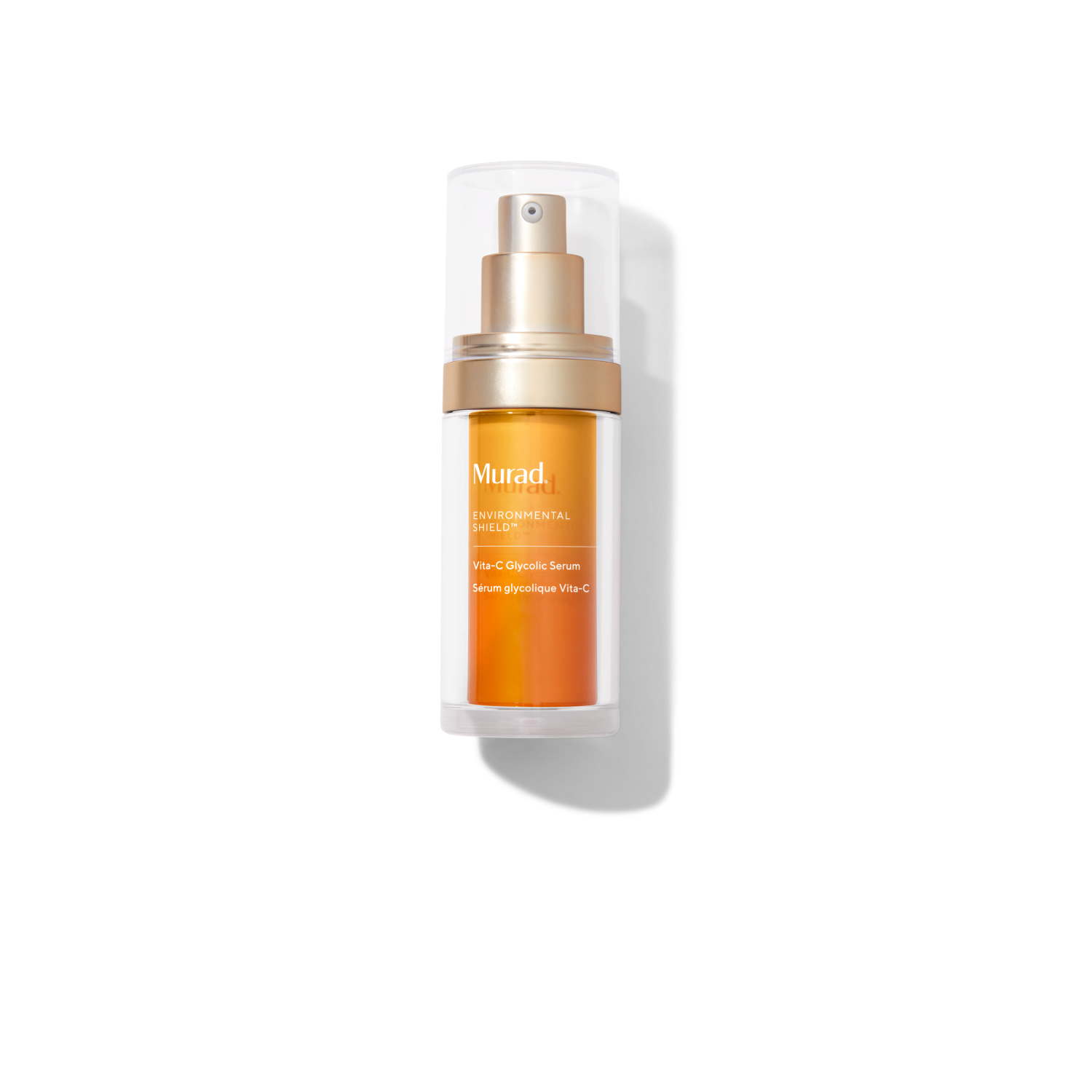 Murad Environmental Repair Vial C-Elastin Serum in a clear cylindrical bottle with amber-orange liquid, a metallic gold pump, and a transparent cap, shown on a white background with a soft shadow.