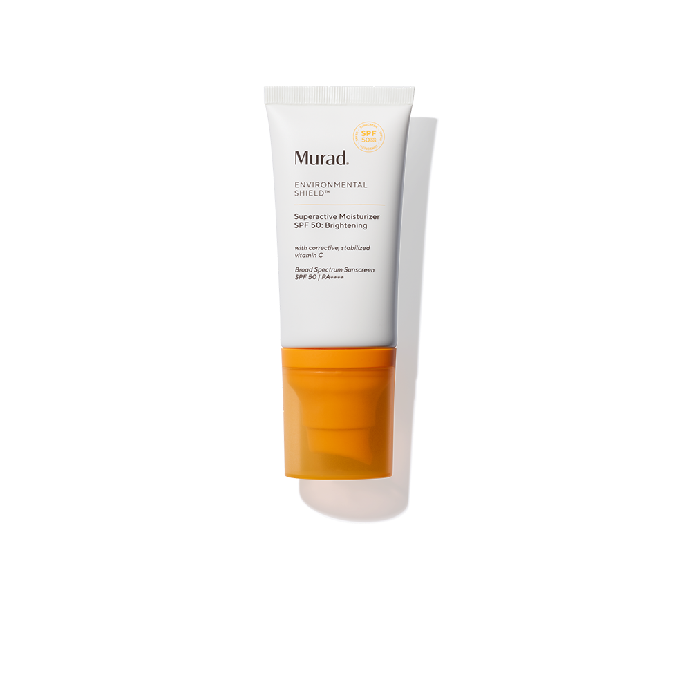 A squeeze tube of Murad Environmental Shield SPF 30 Brightening Moisturizer, featuring a white upper body with black text and a translucent orange cap, set against a clean white background with a soft shadow.
