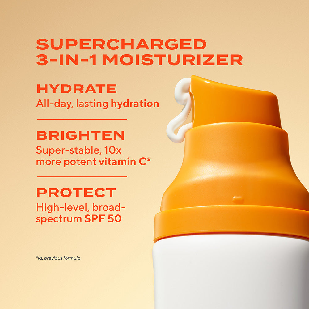 Supercharged 3-in-1 moisturizer bottle with features on a beige background