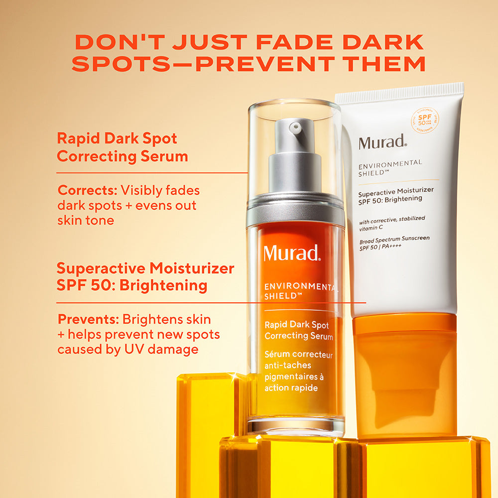 Murad skincare products with text on a beige background