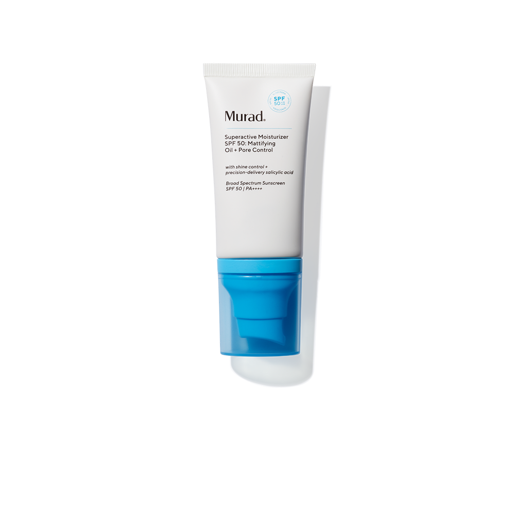 A white squeeze tube of Murad Supercharged Moisturizer SPF 50 Moistening Q+ + Pure Control sunscreen with a translucent blue cap, shown on a clean white background with a soft shadow.