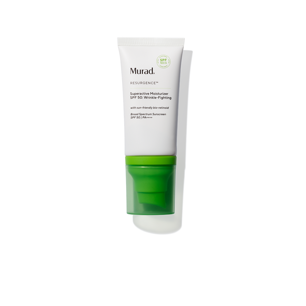 A squeeze tube of Murad SPF 50 Wrinkle-Fighting, featuring a white tube with black text and a translucent green cap, set against a clean white background with a soft shadow.
