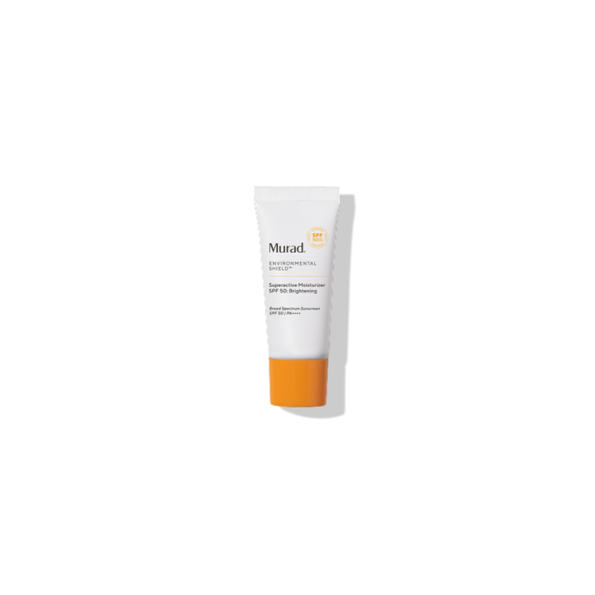 A white squeeze tube of Murad Environmental Shield SPF 50+ sunscreen with an orange cap, centered on a clean white background with a soft shadow.