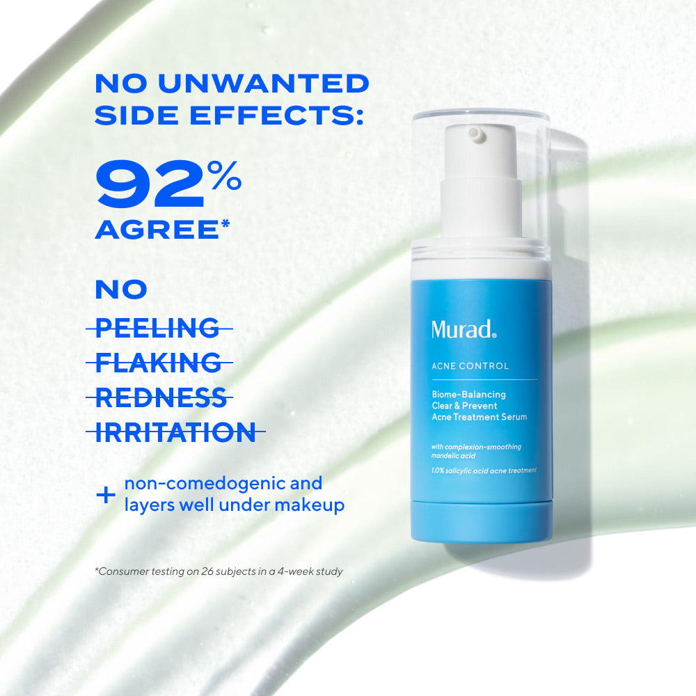 Biome-Balancing Clear & Prevent Acne Treatment Serum product shown with text explaining no unwanted side effects