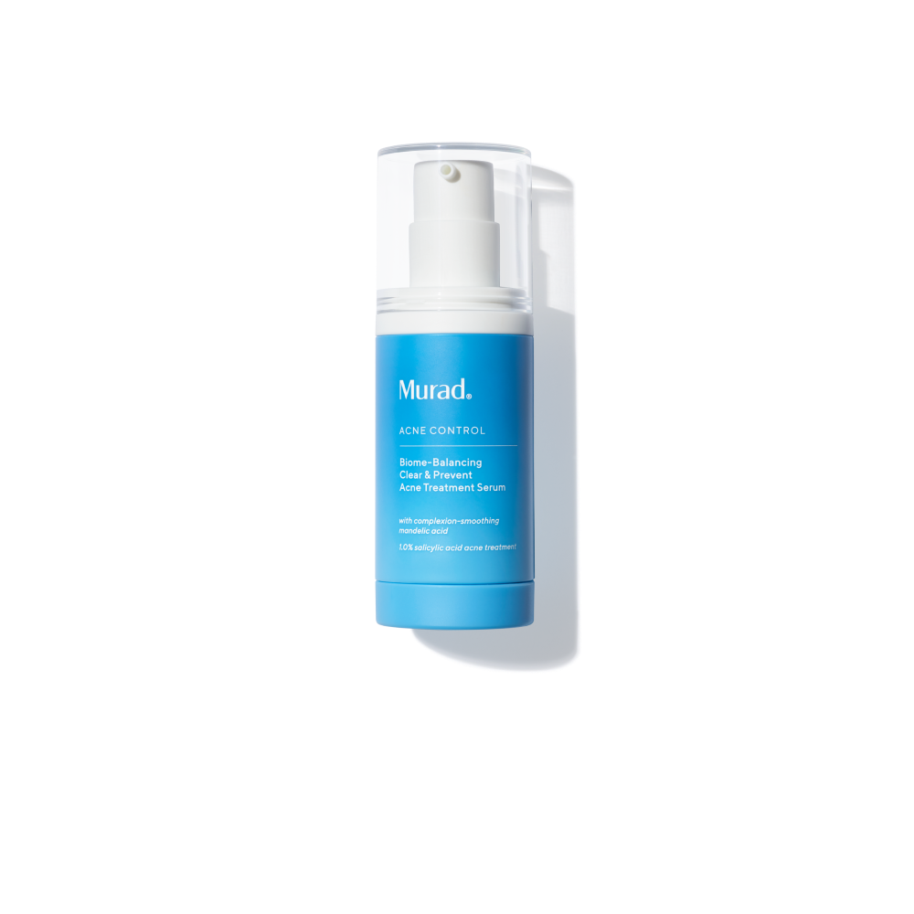 Skincare serum bottle with blue label on a white background