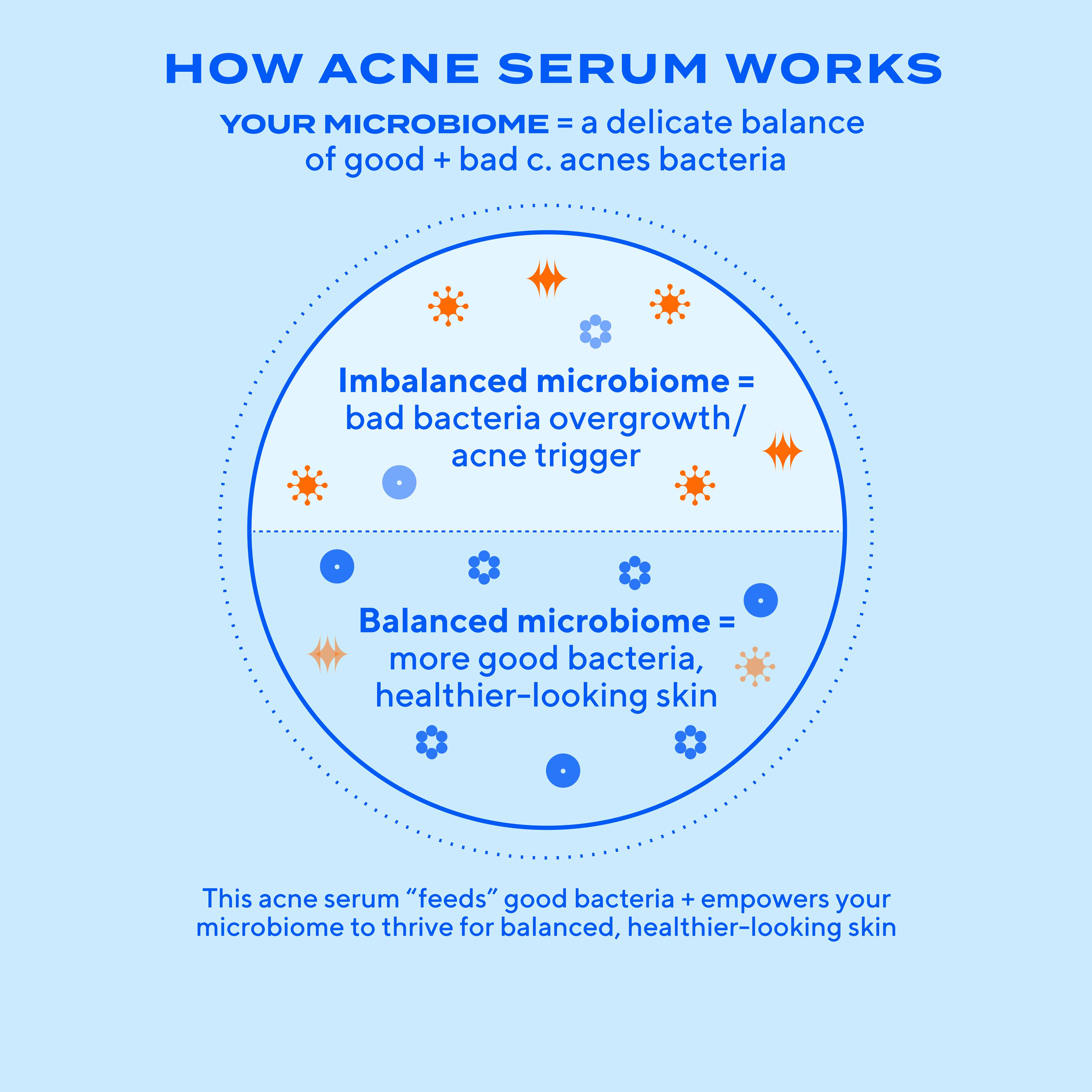 Biome-Balancing Clear & Prevent Acne Treatment Serum infographic explaining your microbiome = delicate balance of good  bad c. acnes bacteria