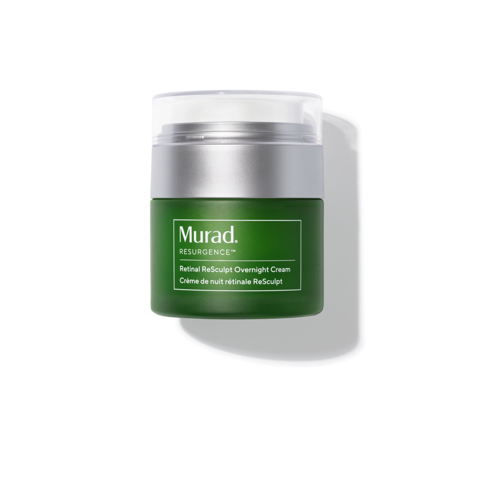Murad Resurgence Retinal ReSculpt Overnight Cream in a dark green jar with a silver lid and clear cap, shown on a white background with a soft shadow.
