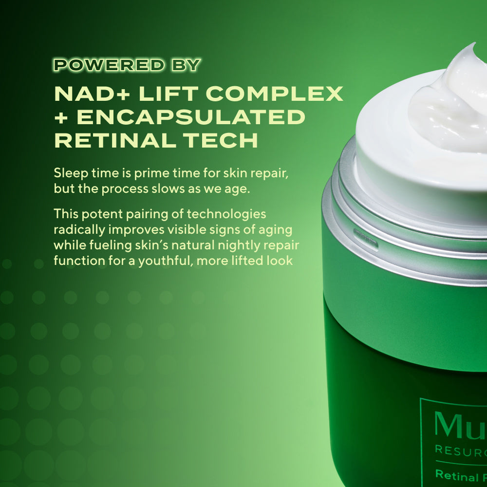 Green skincare jar with white cream on a green background, featuring text about NAD+ Lift Complex and Encapsulated Retinal Tech.