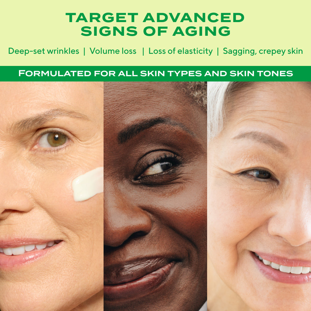 Advertisement for skincare product targeting advanced signs of aging with three different skin tones.