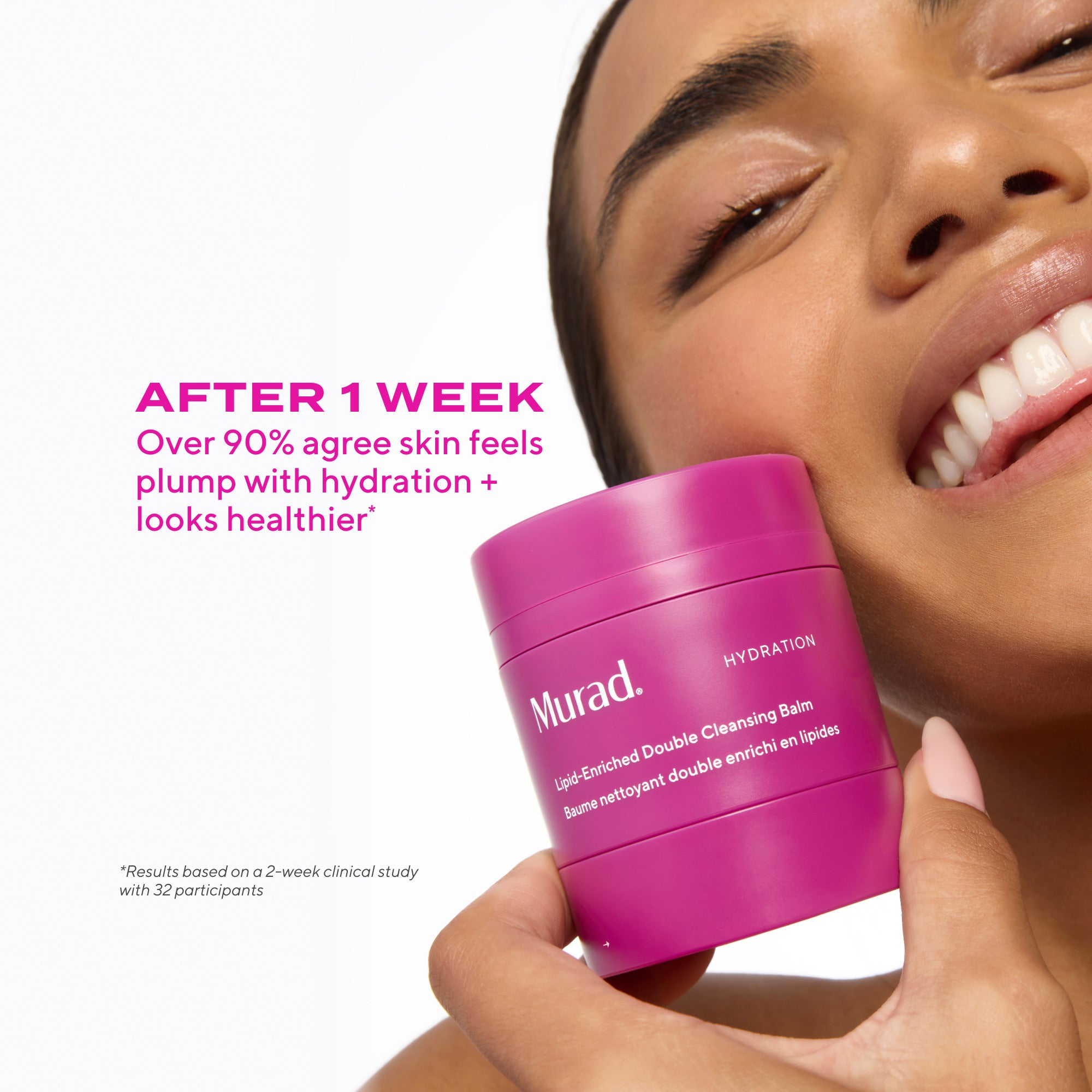 Person holding a pink Murad skincare product with text about skin hydration.