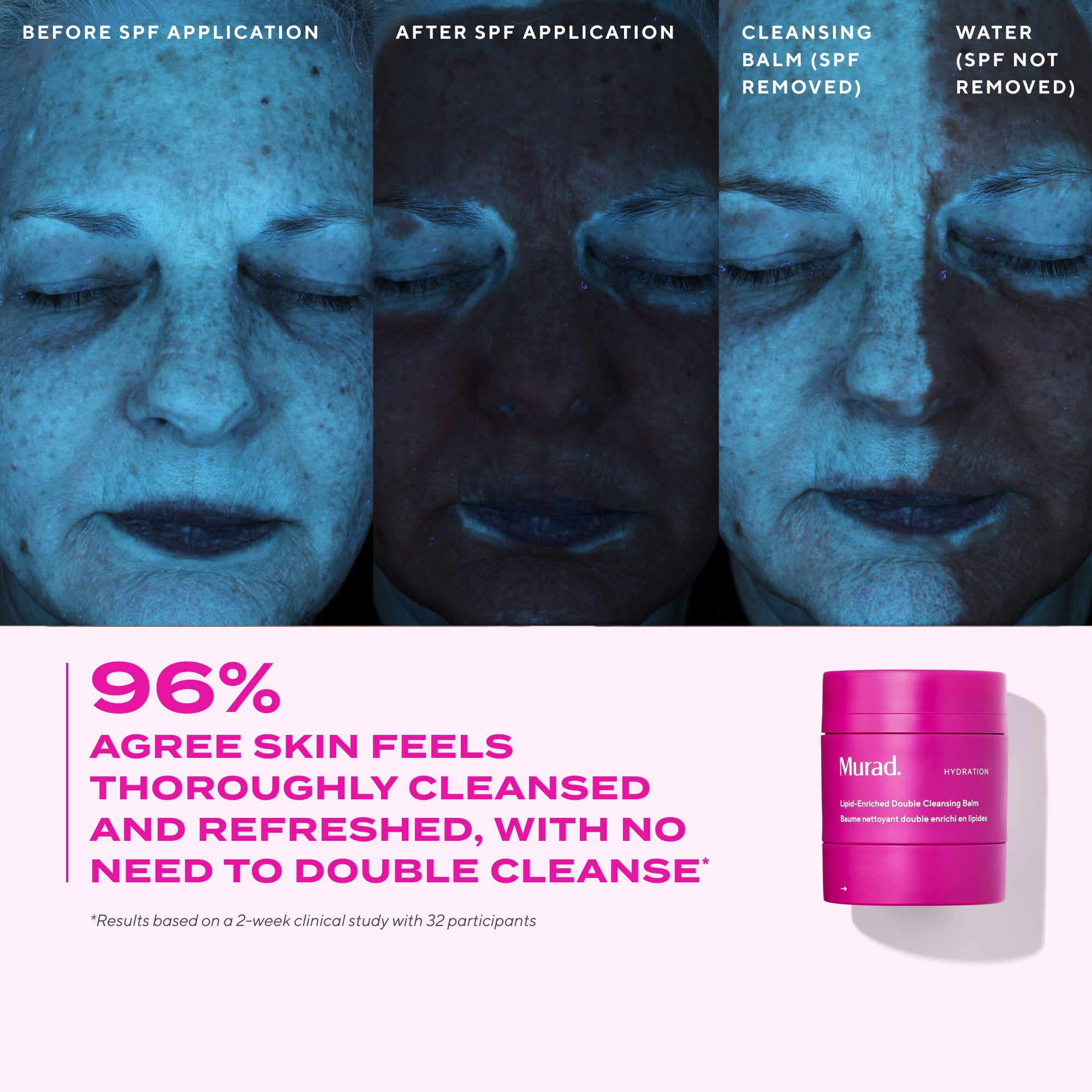 Before and after comparison of a face with skincare product, showing results of Murad cleansing balm and water application.