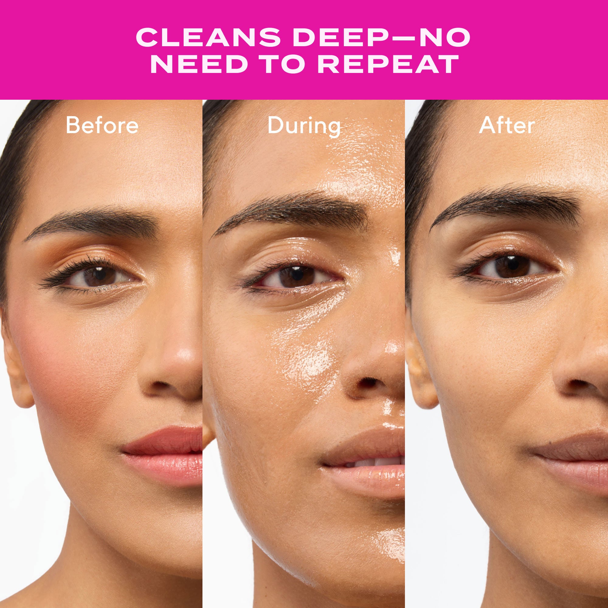 Before, during, and after cleaning a woman's face with a product, on a pink background.