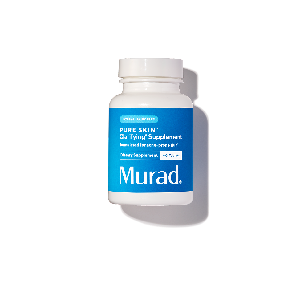 A white bottle of Murad Pure Skin Clarifying Supplement with a blue label, shown on a white background with a soft shadow.