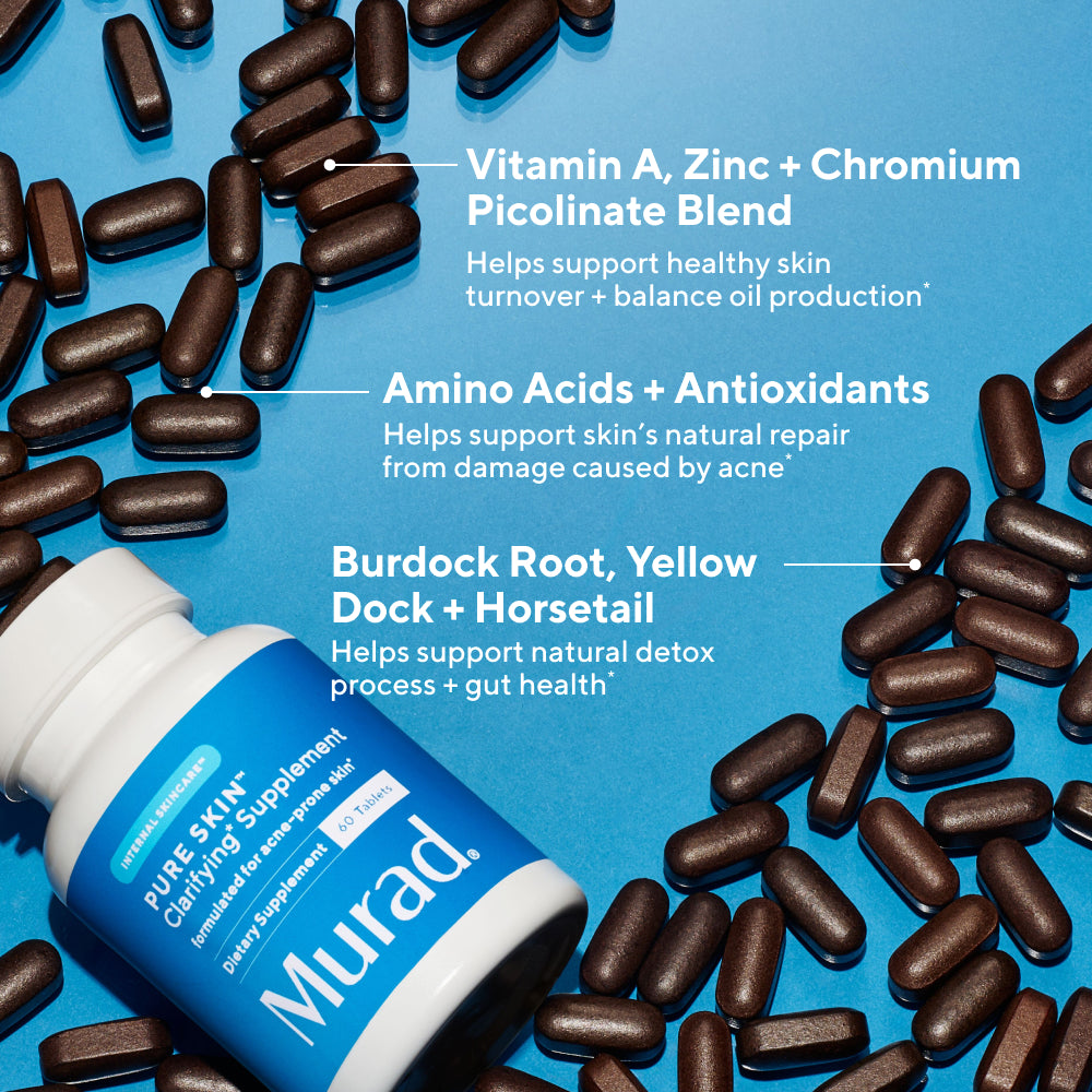 Supplement bottle with brown pills on a blue background, featuring Murad branding.